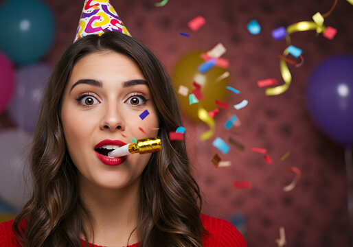 A surprised young woman blows a party horn amidst falling confetti and balloons.