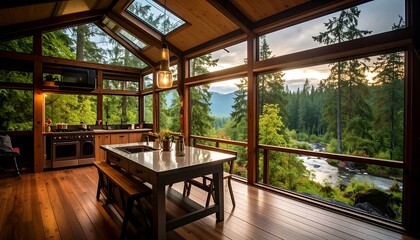 A modern kitchen with expansive windows showcasing a scenic river valley and lush forest.
