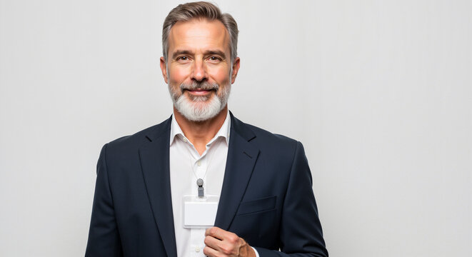 A Confident Middle Aged Man Wearing A Suit And A Business Badge Standing Against An Isolated Background With A Slight Smile