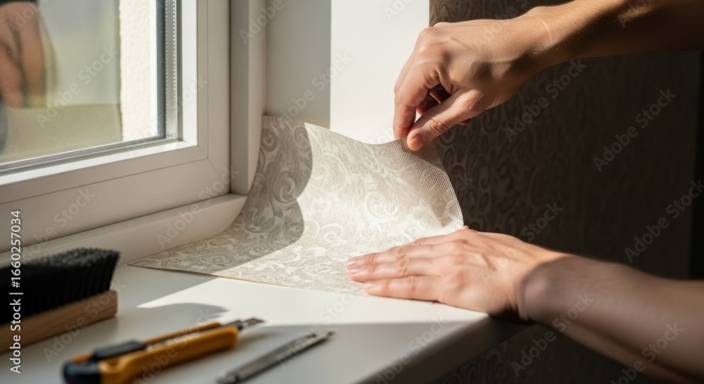 Poster stepbystep process of wallpaper installation around a window corner focusing on folding and pressing