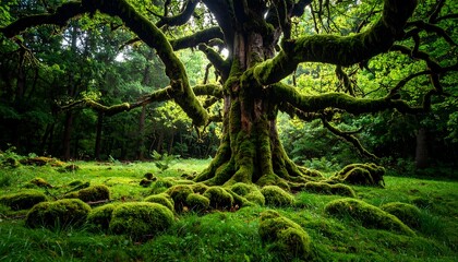 A magnificent mossy tree with sprawling branches stands in a lush green forest.