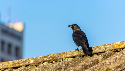 A black crow perches on a weathered rooftop against a clear blue sky, showcasing a tranquil urban scene.
