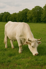 Obraz premium A single beautiful white cow with horns grazes contently in a vibrant green field, an idyllic rural farm landscape scene.