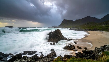 A dramatic coastal scene showcases powerful waves crashing against a rocky shore, under a stormy sky, with a sandy beach extending into the distance.