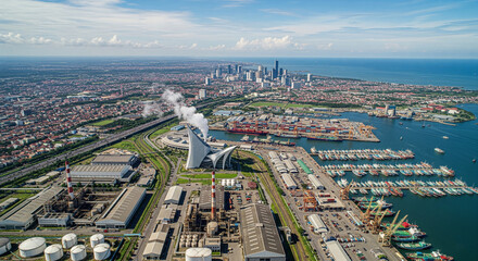 Fototapeta premium An aerial view of a bustling city harbor with many ships and buildings.