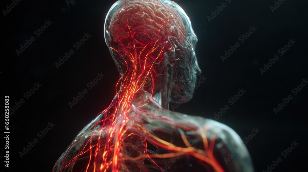 Poster scientific visualization shows glowing nervous system within transparent human body, highlighting co