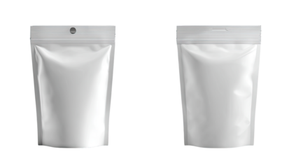 Two identical blank, white plastic pouches