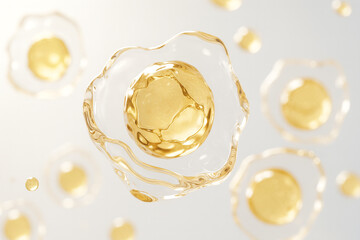 黄金の細胞構造とレチノール美容成分イメージ、高級スキンケアや化粧品広告に最適な抽象背景、細胞美容と美容科学を象徴する保湿・透明感・アンチエイジングコンセプト｜Golden cell structure and retinol beauty ingredient image, abstract background ideal for premium skincare and cosmetic ad