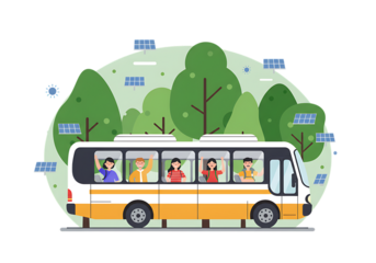 School bus with children in the city on the road