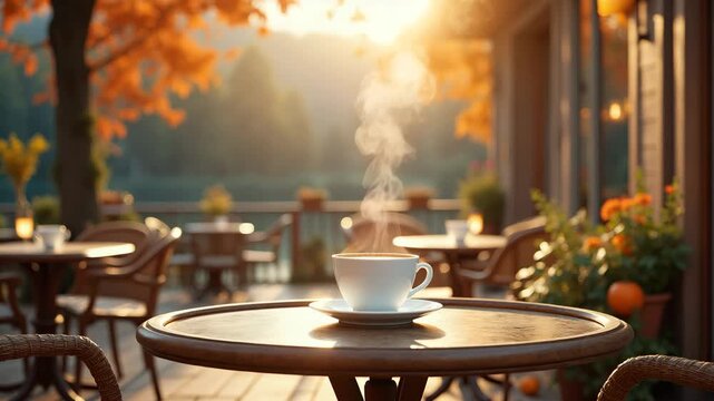Steaming coffee cup creating a cozy mood on a cafe table against a blurred autumn city street background