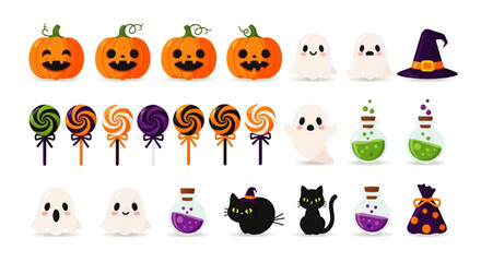 Naklejka premium Fun Halloween themed graphic elements Cute pumpkins, ghosts, lollipops, potions, and black cats. Perfect for holiday designs.