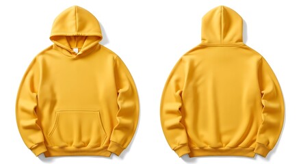 Front and back view of a vibrant yellow hoodie mockup.