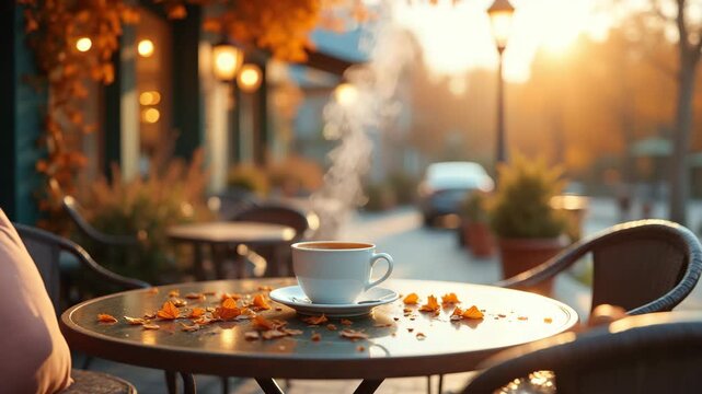 Steaming coffee cup creating a cozy mood on a cafe table against a blurred autumn city street background