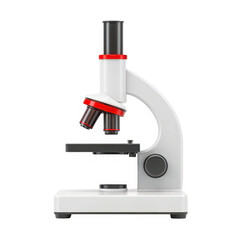 A white and red laboratory microscope with red objective lenses isolated on transparent background