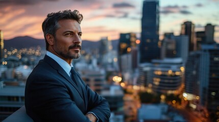 Portrait of confident businessman overlooking city skyline at sunset from rooftop.