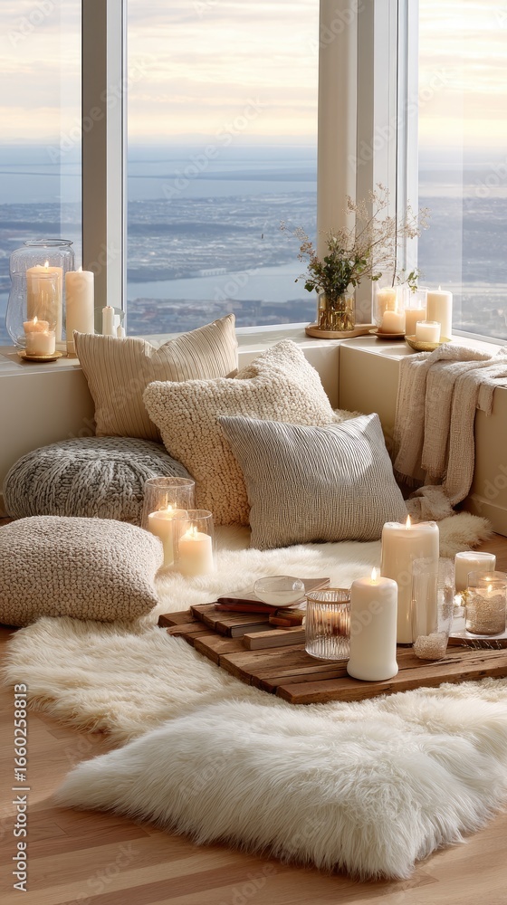 Aufkleber sunlight filters through a window illuminating a cozy room with candles and cushions, creating a pea