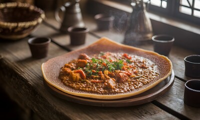 Steaming Ethiopian Injera with flavorful stew, a culinary delight in a rustic setting