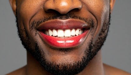 Close-up view of a man's smiling face, highlighting his bright white teeth and vibrant red lips.