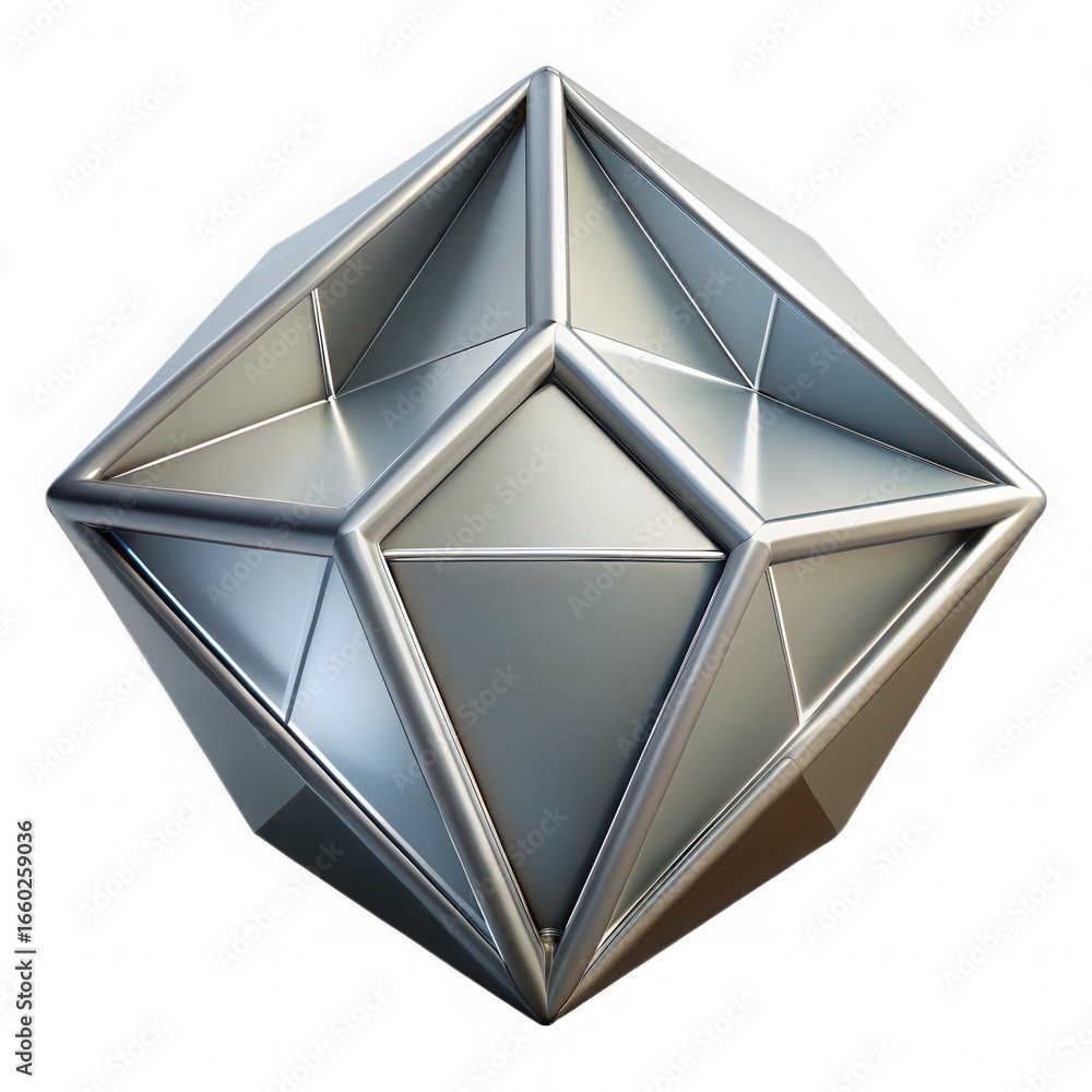 Poster geometric metallic polyhedron with sharp edges and reflective surfaces isolated on transparent backg