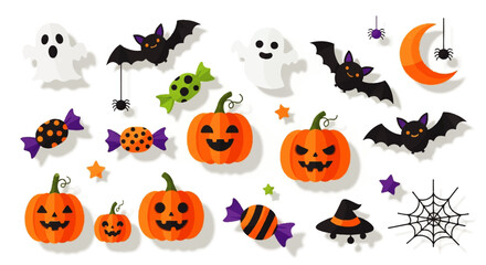 Festive Halloween Icons Pumpkins, Ghosts, Bats, and Candy Collection