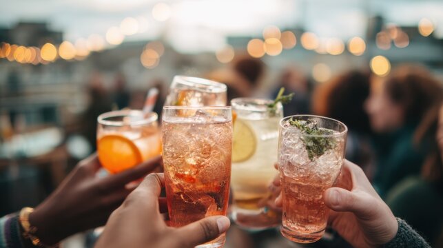 Medium shot of clinking glasses filled with pasteltoned lowABV drinks festive rooftop party guests blurred capturing convivial spirit of light drinking social gatherings.
