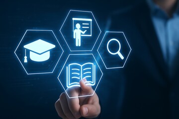 A person interacting with digital education icons on a dark background with blue highlights