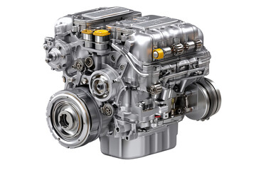 Compact racing engine with yellow oil caps performance machine isolated transparent background, Png