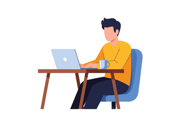 Faceless male character in a yellow sweater working on a laptop computer at a wooden desk