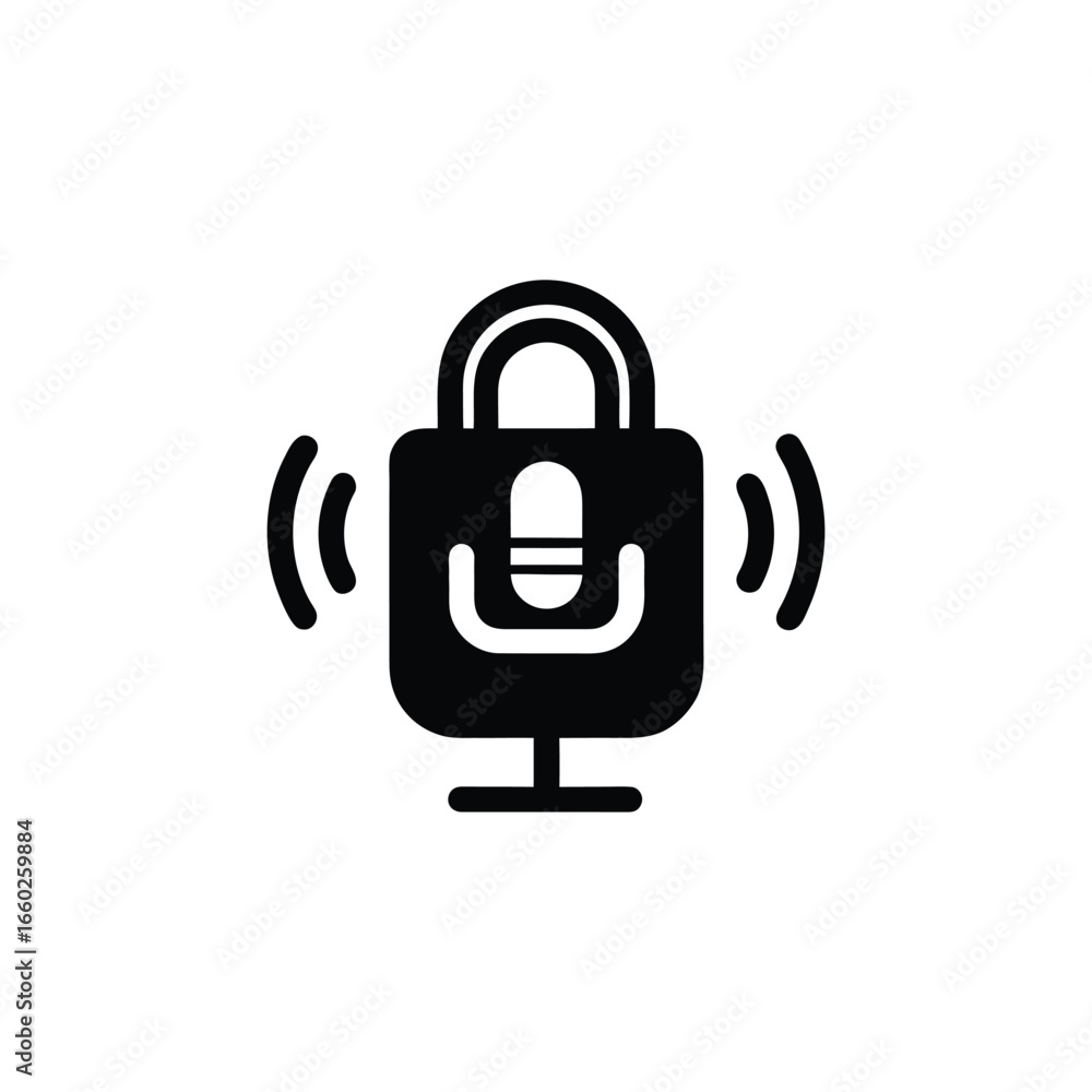 Poster podcast security icon showing a lock with a microphone inside the concept of podcast security and pr