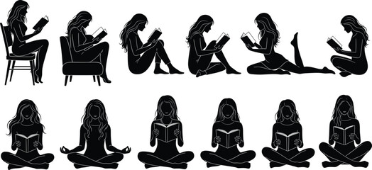 Silhouette Vector Set of Women Reading and Meditating in Various Relaxing Poses for Mindfulness, Education, and Wellness Designs