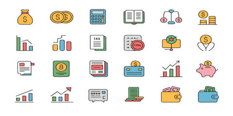 Colorful Business and Finance Icons Representing Money, Analytics, Growth, Success, and Communication in Modern Flat Design Style