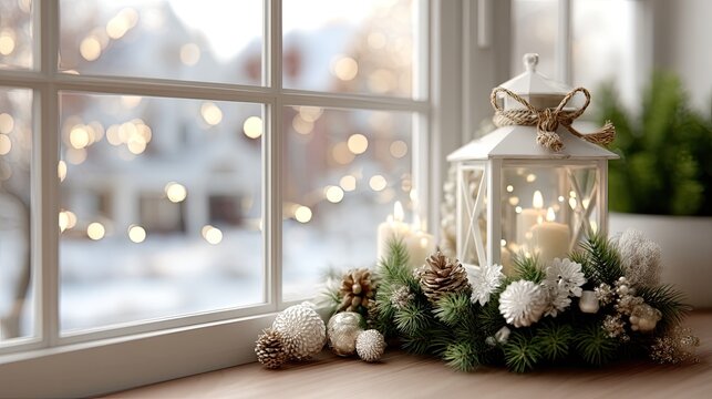 A warm and inviting winter atmosphere with glowing candles, decorative elements, and a scenic cabin view in the background - Powered by Adobe