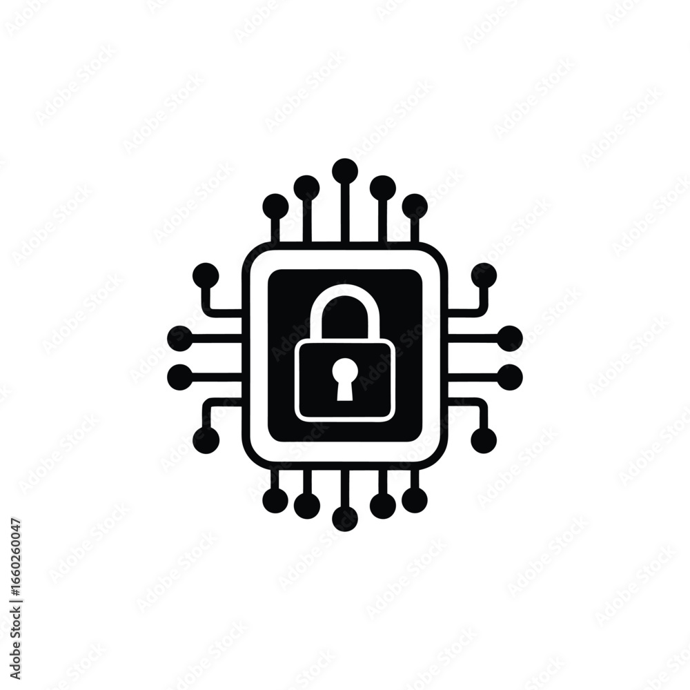 Poster security chip icon representing cybersecurity, data protection, and secure technology solutions for 