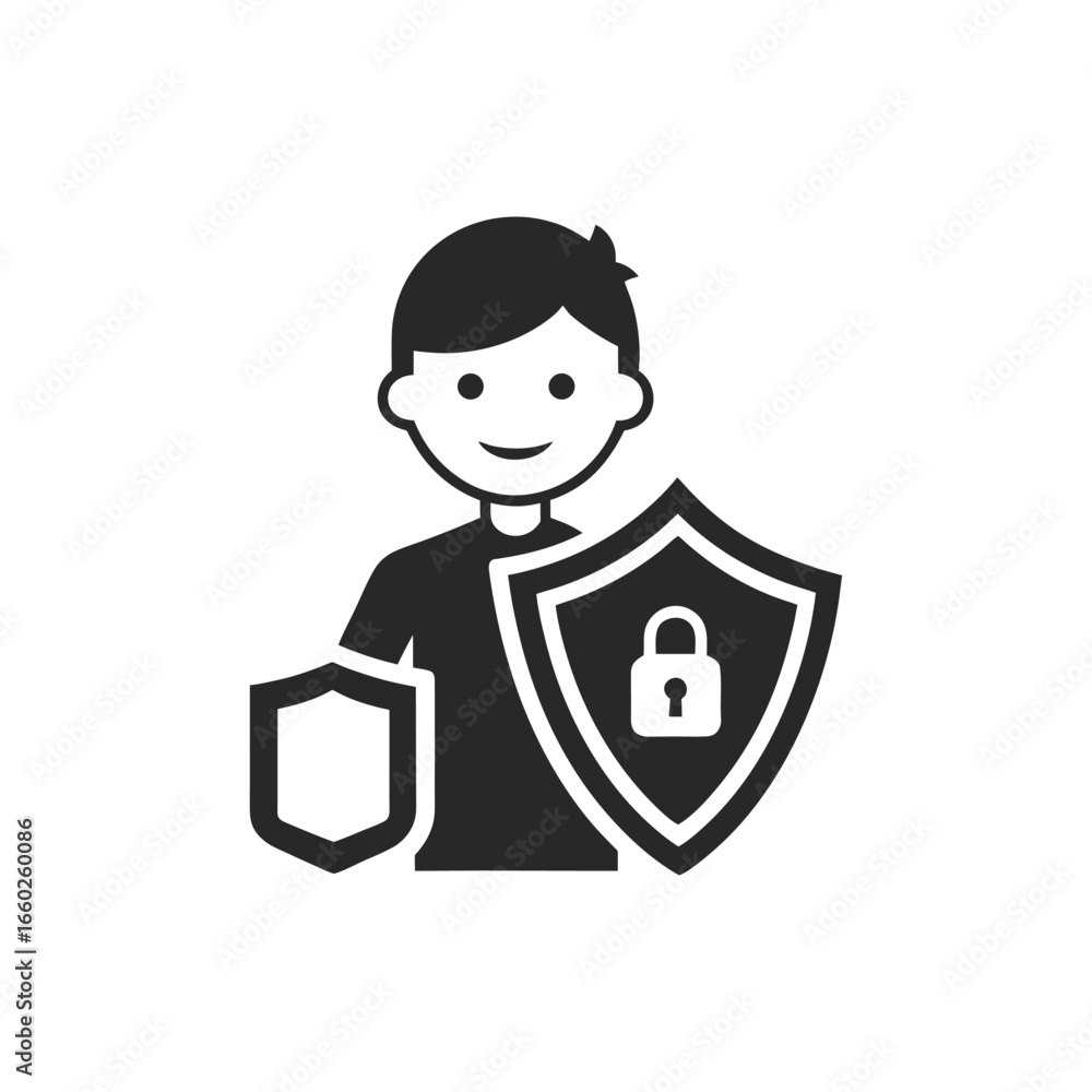 Poster man with shields icon symbolizing security, protection, and cybersecurity for internet privacy and d