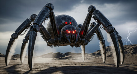 An imposing eightlegged mechanical spider. Generative AI.