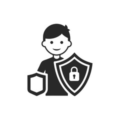 Man with shields icon symbolizing security, protection, and cybersecurity for internet privacy and data safety