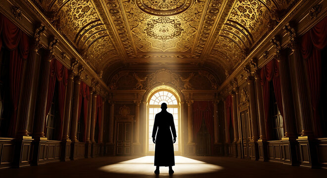 The image presents a stunning composition of a dark figure in an opulent, gold-heavy room. 