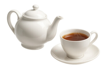 White ceramic teapot with lid, matching teacup on saucer filled with tea.