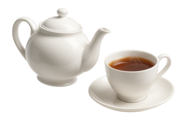 White ceramic teapot with lid, matching teacup on saucer filled with tea.