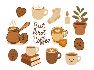 Vector coffee clipart set: cute mugs with latte art, Turkish coffee pot, beans, cookies, books. Warm cozy palette, kawaii hand‑drawn style—great for stickers, branding, cards, kitchen decor.
