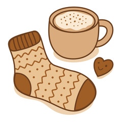 Vector cozy illustration with a knitted wool sock, warm coffee in a mug with foam, and a heart cookie. Soft beige‑brown palette, kawaii—great for stickers, branding, cards, and autumn projects