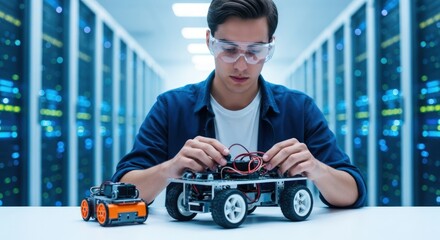Young engineer building robotics car prototype in modern tech lab