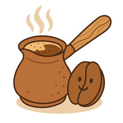 Vector illustration of steaming Turkish coffee in a cezve with a smiling coffee bean. Warm cozy palette, kawaii—ideal for cafe branding, stickers, packaging, menus, and social posts.
