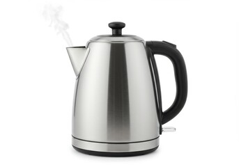Obraz premium Shiny, stainless steel kettle, steaming, with a black handle and lid. It's on a white background, ready for boiling water