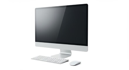 Sleek, modern desktop computer with a bright screen, matching keyboard, and mouse isolated on a clean white backdrop, showcasing a minimalist design