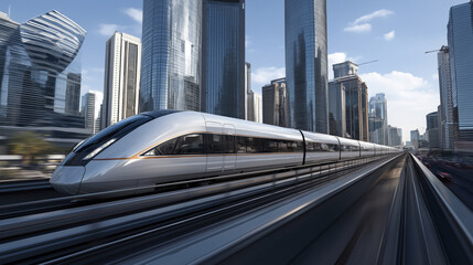 A high-speed train passing on an elevated track over a cityscape, viewed from the street level, sleek  design.
