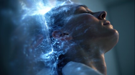 Medical visualization of a female patient with closed eyes, lying down and receiving a brain stimulation therapy, with glowing blue energy emanating from her head