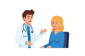 Fototapeta premium Friendly male doctor in a white coat with a stethoscope consulting a seated blonde female patient in a cartoon vector illustration