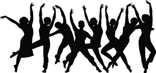 Silhouette of dancers in graceful motion, ballet-inspired group performance, expressive modern dance poses, elegant vector black illustration on white background © Hey this is Tazim