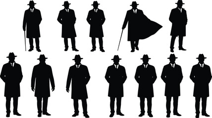 Detective silhouette set, mysterious men in trench coats and hats, noir character poses, vintage style vector illustration for thriller, mystery, and storytelling design